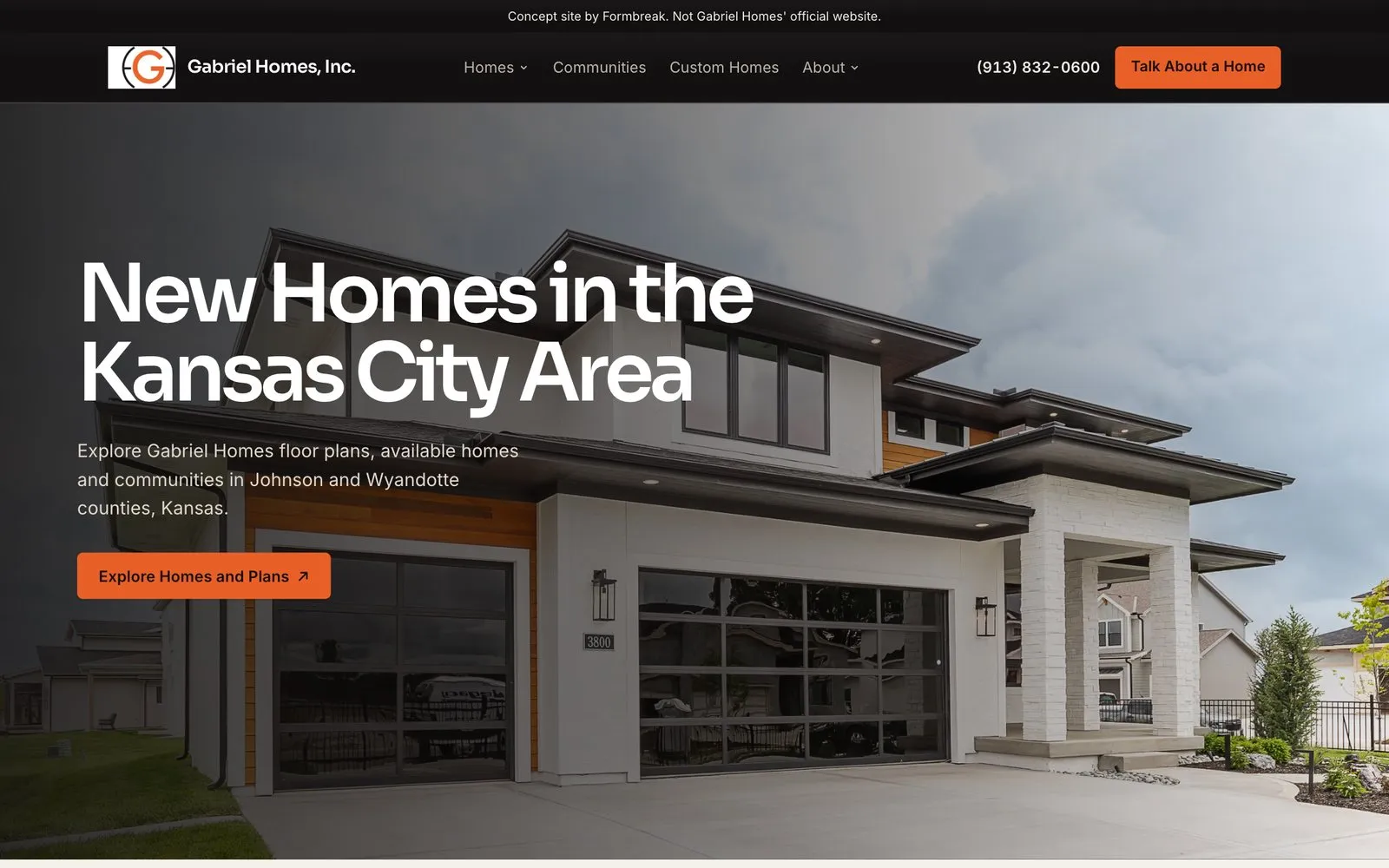 Gabriel Homes concept homepage hero by Formbreak, a modern new home with the headline New Homes in the Kansas City Area