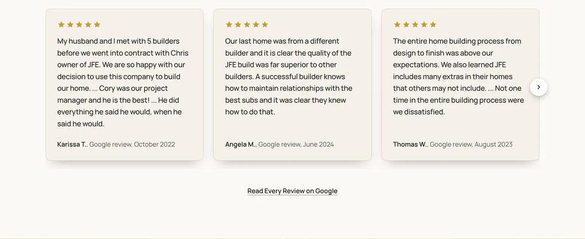 Rated 4.6 Stars on Google section of the JFE concept homepage with dated review quotes
