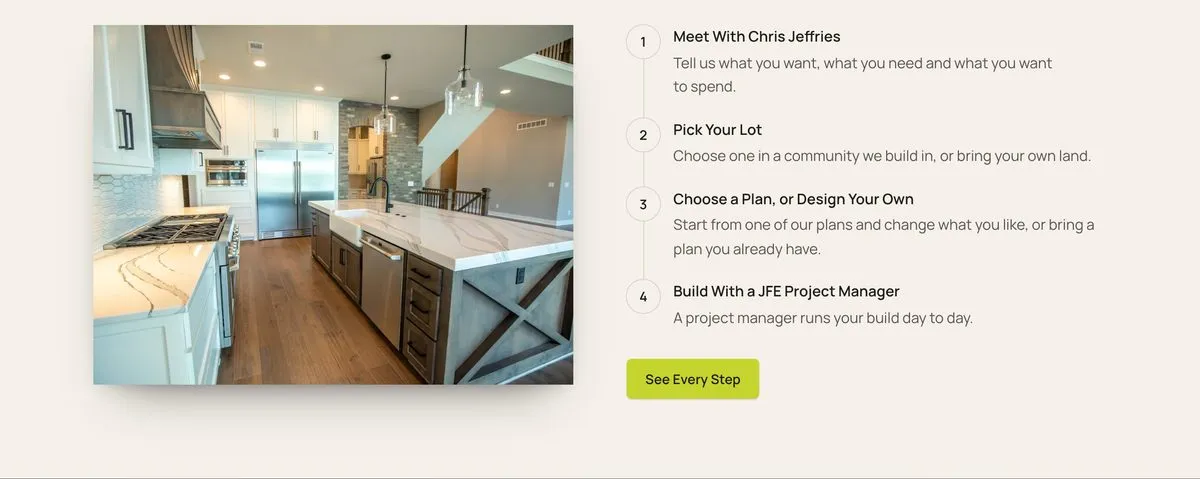 How Building With JFE Works section of the JFE concept homepage with four numbered steps