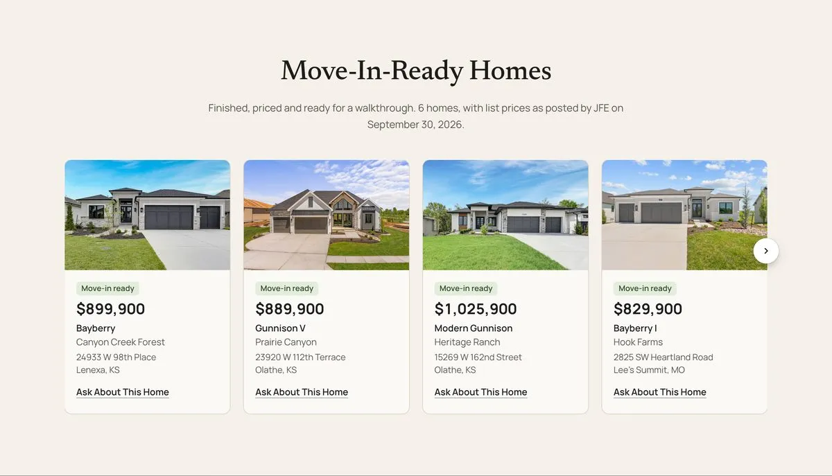 Move-In-Ready Homes section of the JFE concept homepage with prices, communities and addresses