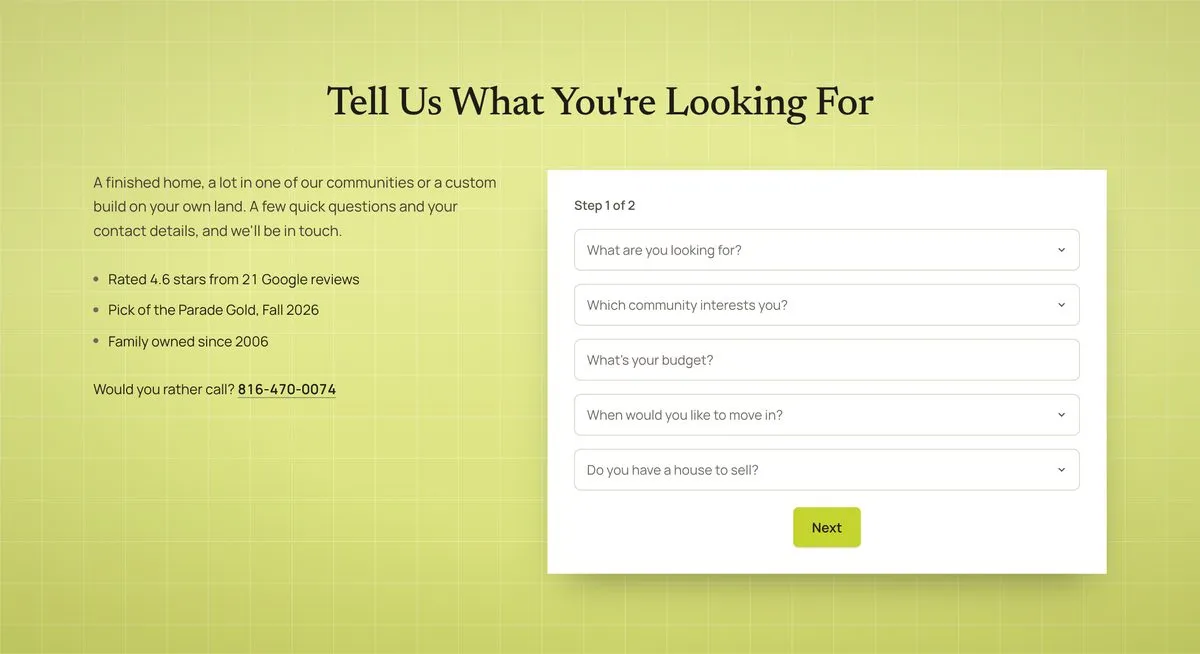 Two-step lead form on the JFE concept homepage asking what the buyer is looking for