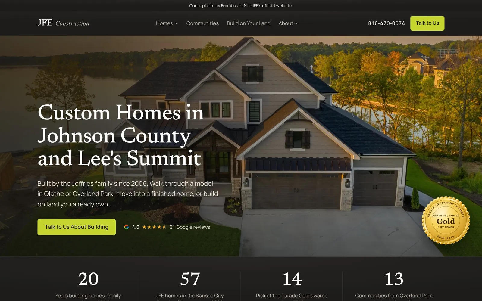 JFE Construction concept homepage hero by Formbreak, a custom home over a lake with the headline Custom Homes in Johnson County and Lee’s Summit