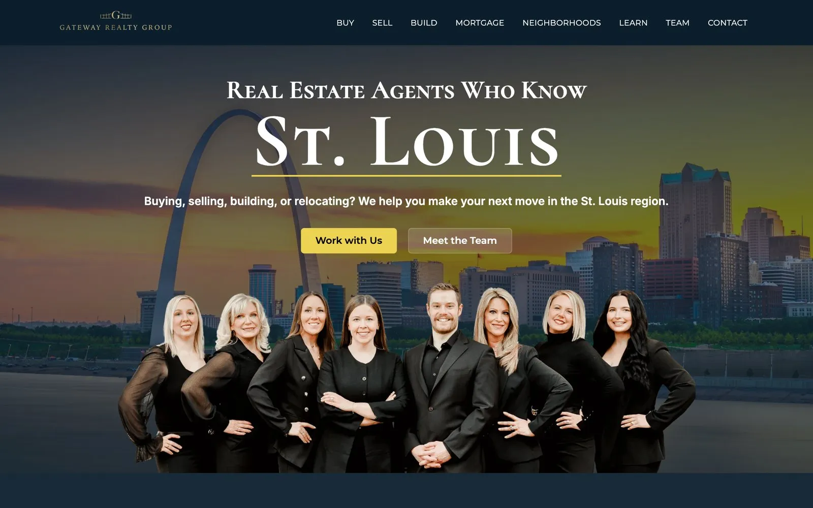 livingstlouismo.com homepage hero, the Gateway Realty Group team in front of the St. Louis skyline