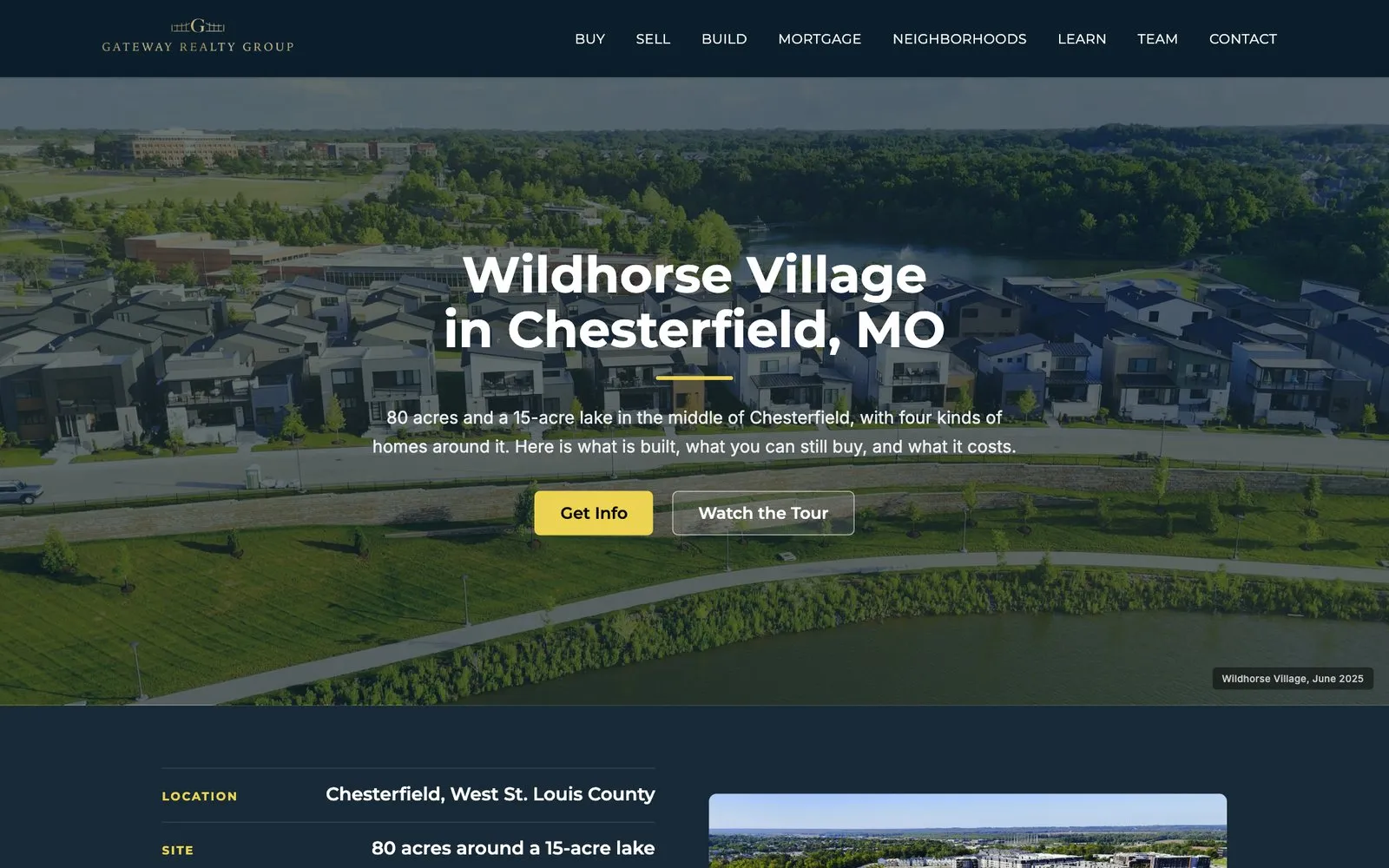 Wildhorse Village in Chesterfield, MO community page on livingstlouismo.com with a drone photo of the lake